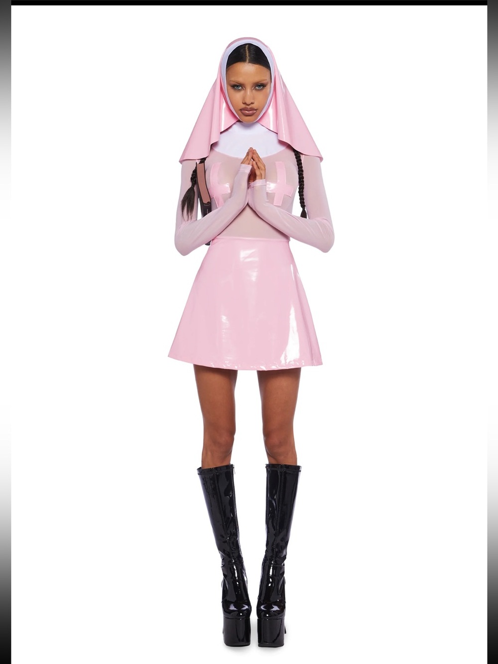 Halloween Nun Costume Patent A-Line Mini Skirt in Light Pink